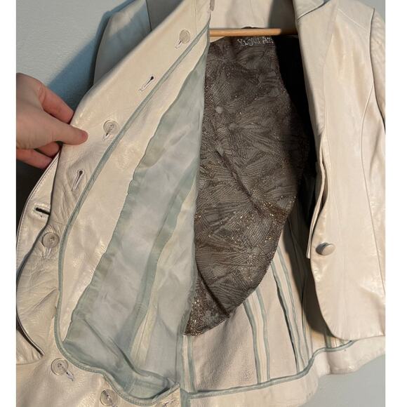 Size 8 Vintage Yigal Azrouel Designer 100% Leather White Ruffle Jacket - Picture 6 of 6